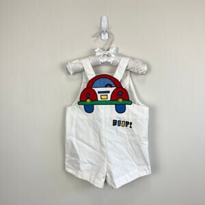 Vintage Applique Car White Shorall Romper 2T